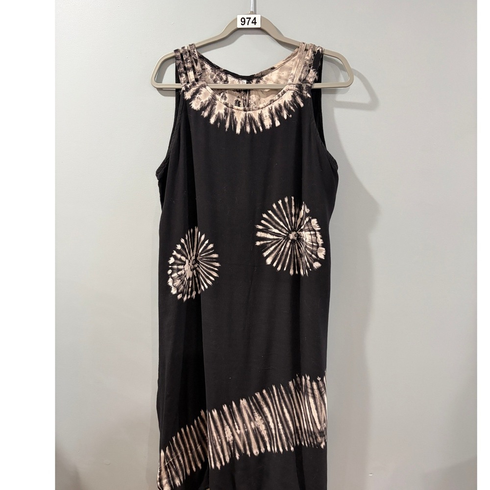 Black White Tie Dye Sunburst Sleeveless Midi Dress with Back Tie Waist Womens